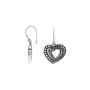Sterling Silver Carved Heart-Shaped Dangle Earrings Featuring Dotted Balinese Detailing And Oxidized Finish