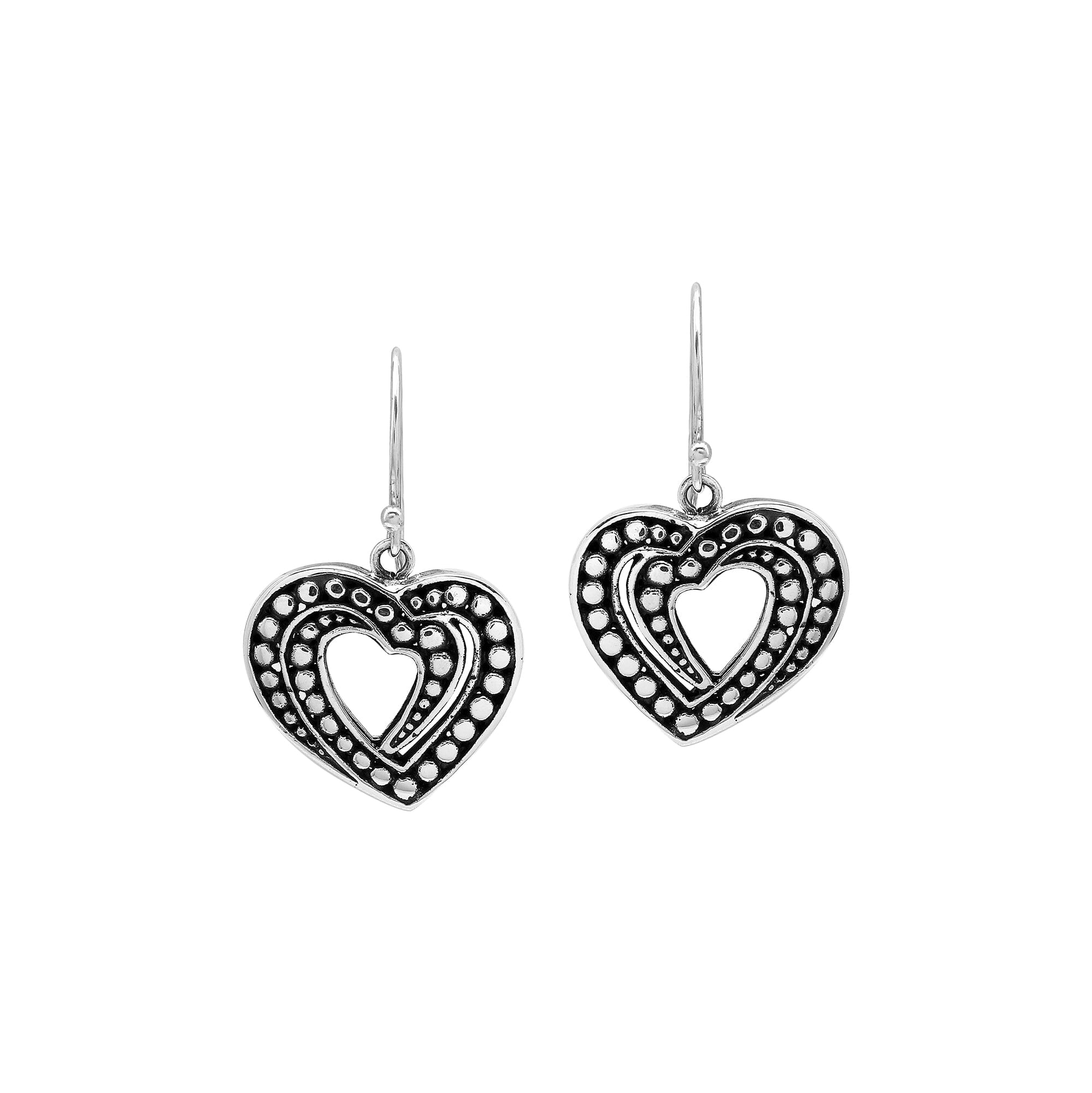 Sterling Silver Carved Heart-Shaped Dangle Earrings Featuring Dotted Balinese Detailing And Oxidized Finish