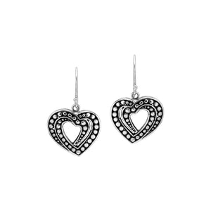 Sterling Silver Carved Heart-Shaped Dangle Earrings Featuring Dotted Balinese Detailing And Oxidized Finish