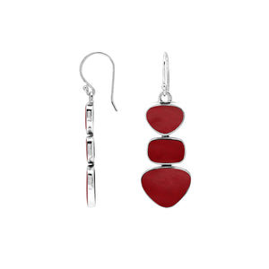 Sterling Silver Triple-Drop Heart And Square Dangle Earrings Featuring Red Coral With Sleek Polished Finish