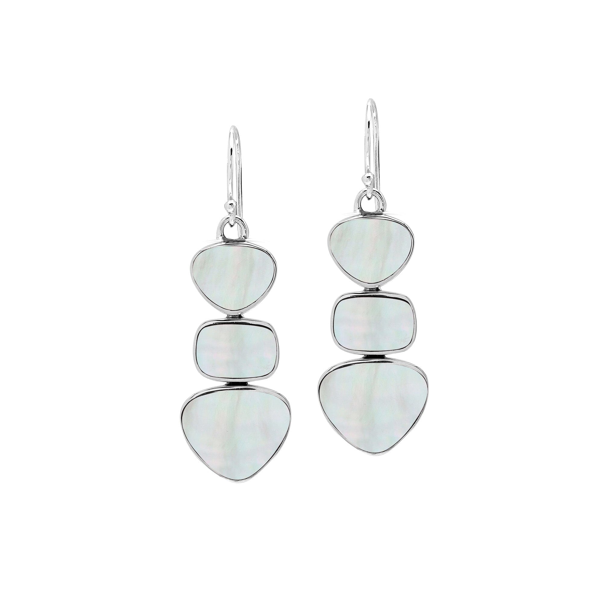 Sterling Silver Triple-Drop Heart And Square Dangle Earrings Featuring Mother Of Pearl With Polished Finish And Soft Iridescence