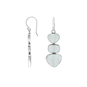 Sterling Silver Triple-Drop Heart And Square Dangle Earrings Featuring Mother Of Pearl With Polished Finish And Soft Iridescence