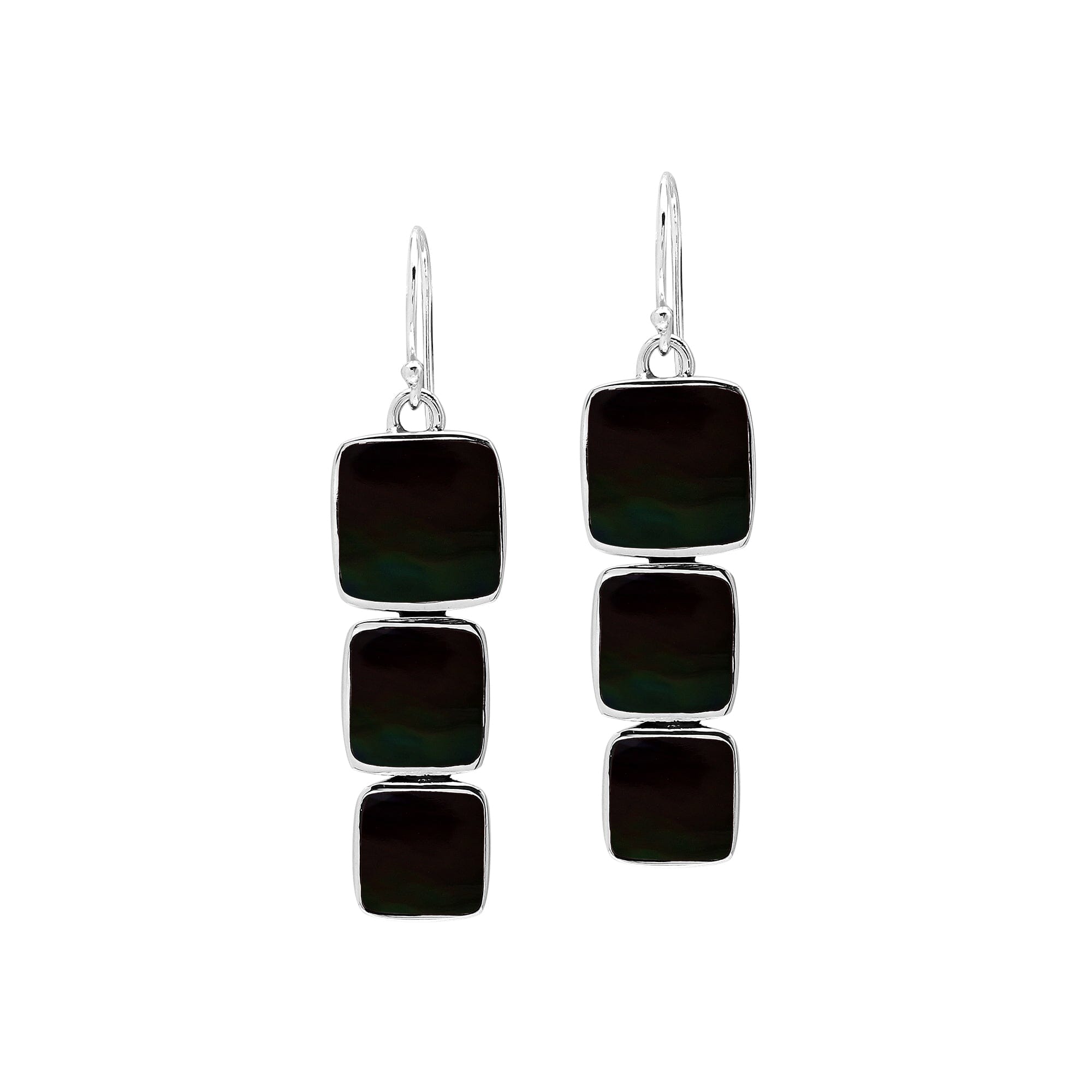 Wholesale Sterling Silver Earrings With Three Cushion Black Shell Panels In A Vertical Drop
