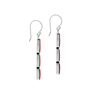 Wholesale Sterling Silver Earrings With Three Cushion Red Coral Panels In A Vertical Drop