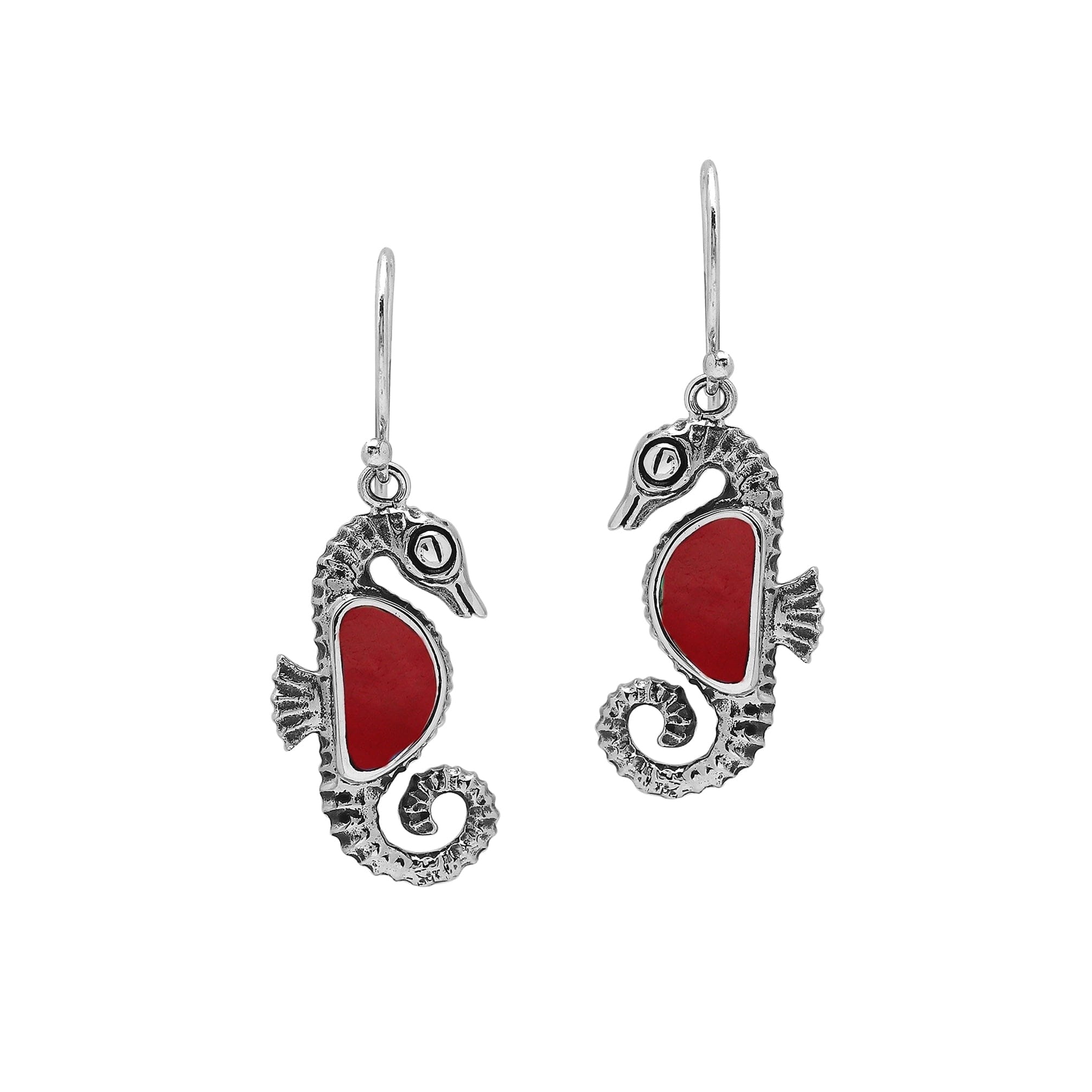 Wholesale Sterling Silver Seahorse Earrings With Red Coral Inlay
