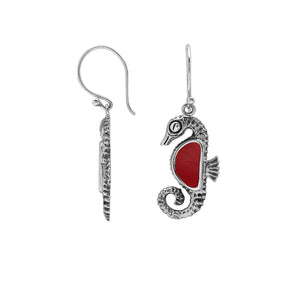 Wholesale Sterling Silver Seahorse Earrings With Red Coral Inlay