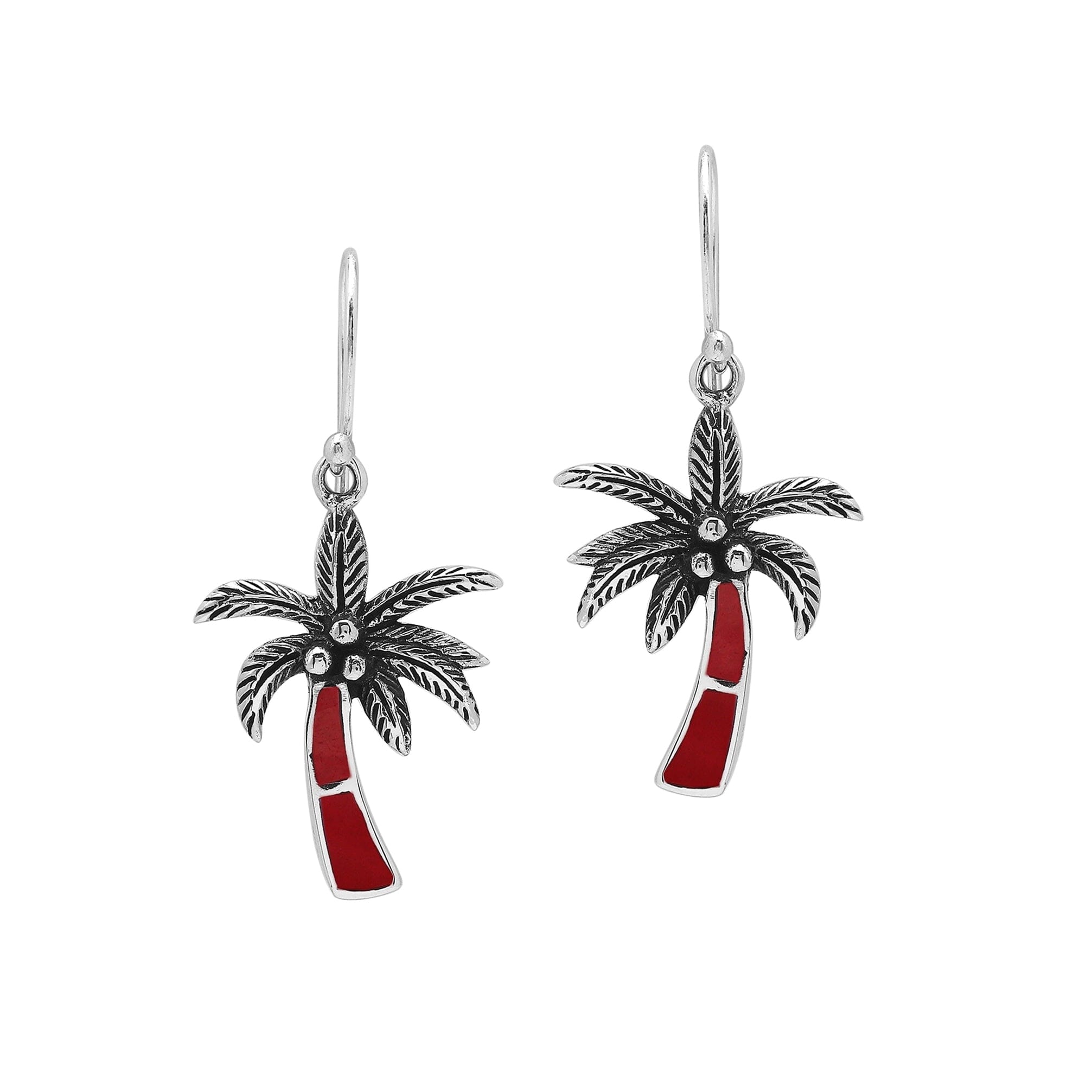 Wholesale Sterling Silver Palm Tree Earrings With Red Coral Inlay