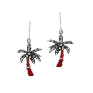 Wholesale Sterling Silver Palm Tree Earrings With Red Coral Inlay