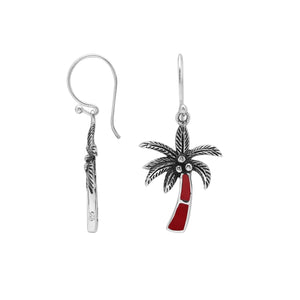 Wholesale Sterling Silver Palm Tree Earrings With Red Coral Inlay