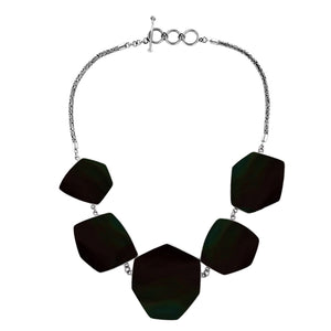 Sterling silver necklace with hexagon black shell links, polished artisan finish.