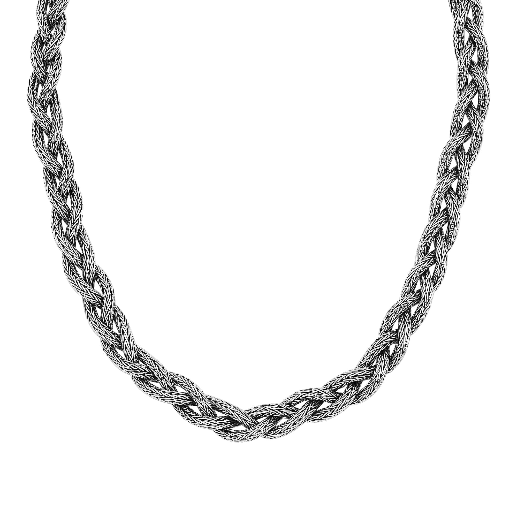 Sterling silver braided chain necklace with ornate clasp, artisan handcrafted