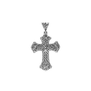 Wholesale sterling silver ornate cross pendant with intricate scrollwork and oxidized finish, handcrafted Bali artisan jewelry for bulk buyers.