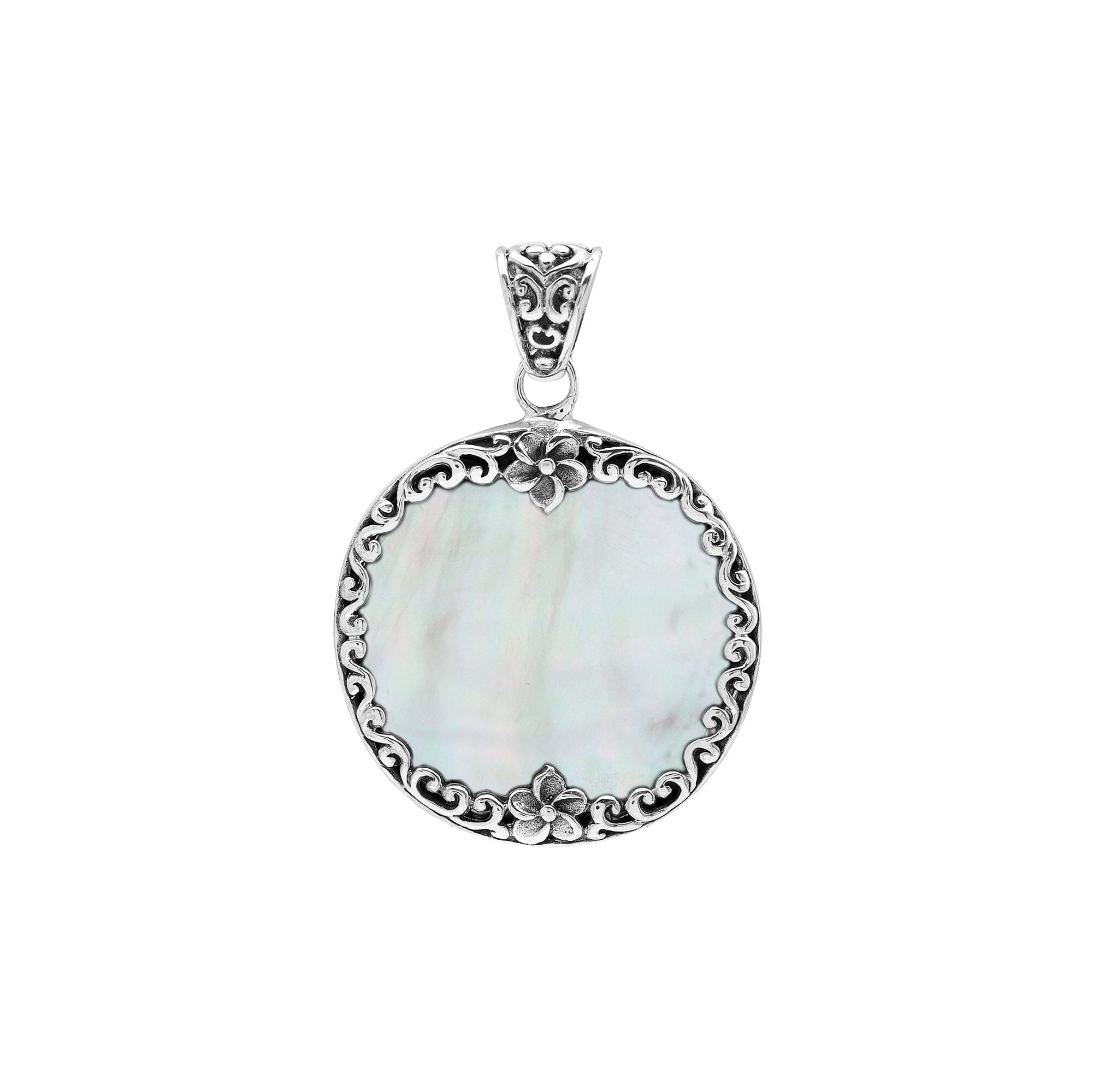 Sterling silver wholesale pendant with round mother of pearl gemstone, floral border design, handcrafted Bali jewelry