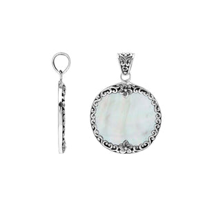 Sterling silver wholesale pendant with round mother of pearl gemstone, floral border design, handcrafted Bali jewelry
