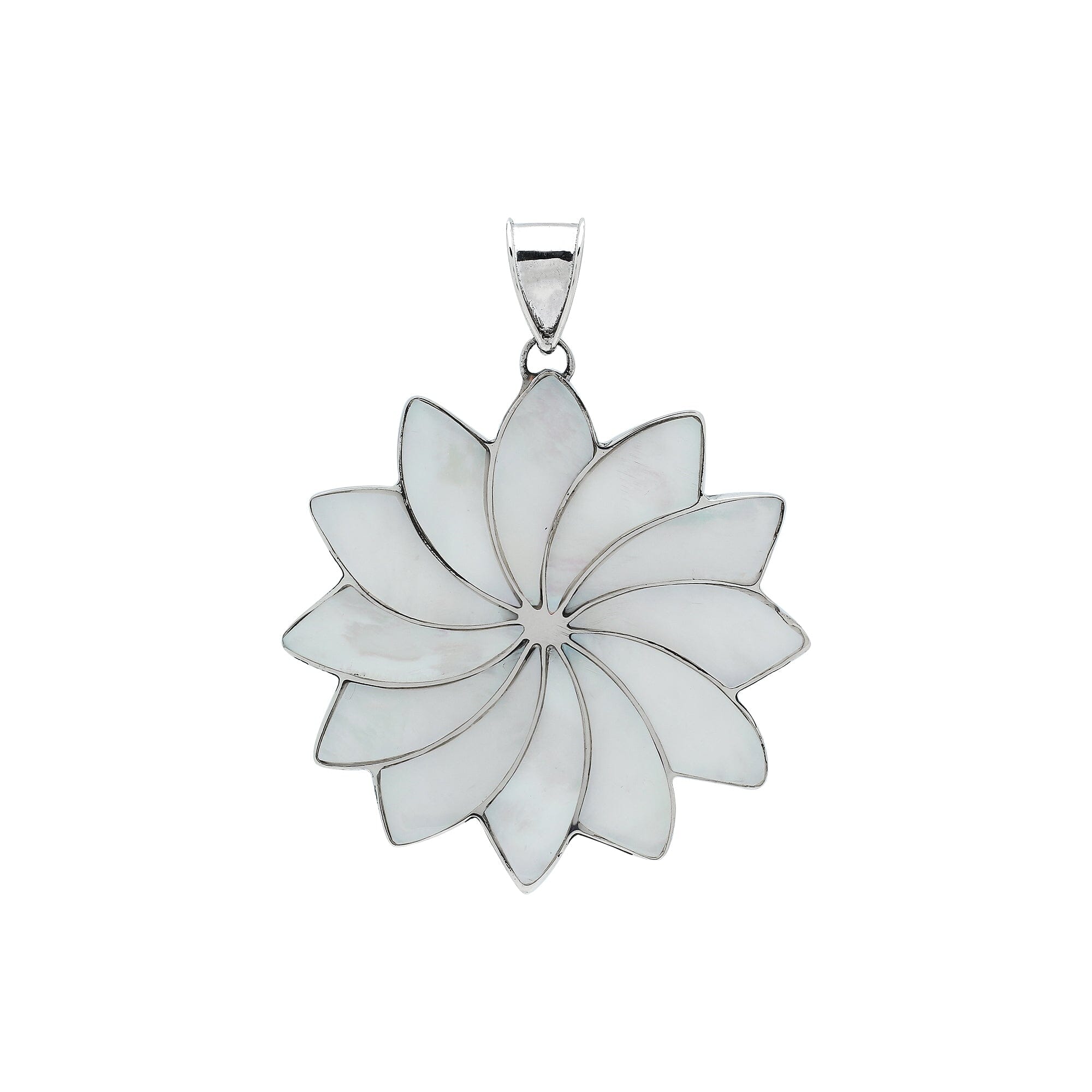 Sterling silver flower pendant with genuine Mother of Pearl, handcrafted in Bali with multi-petal design – wholesale gemstone jewelry supplier.