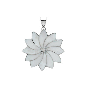 Sterling silver flower pendant with genuine Mother of Pearl, handcrafted in Bali with multi-petal design – wholesale gemstone jewelry supplier.