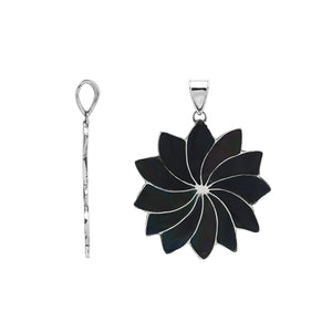 Sterling silver flower pendant with genuine black shell, handcrafted in Bali with petal design – wholesale gemstone jewelry supplier.