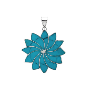 Sterling silver flower pendant with genuine turquoise, handcrafted in Bali with multi-petal design – wholesale gemstone jewelry supplier.