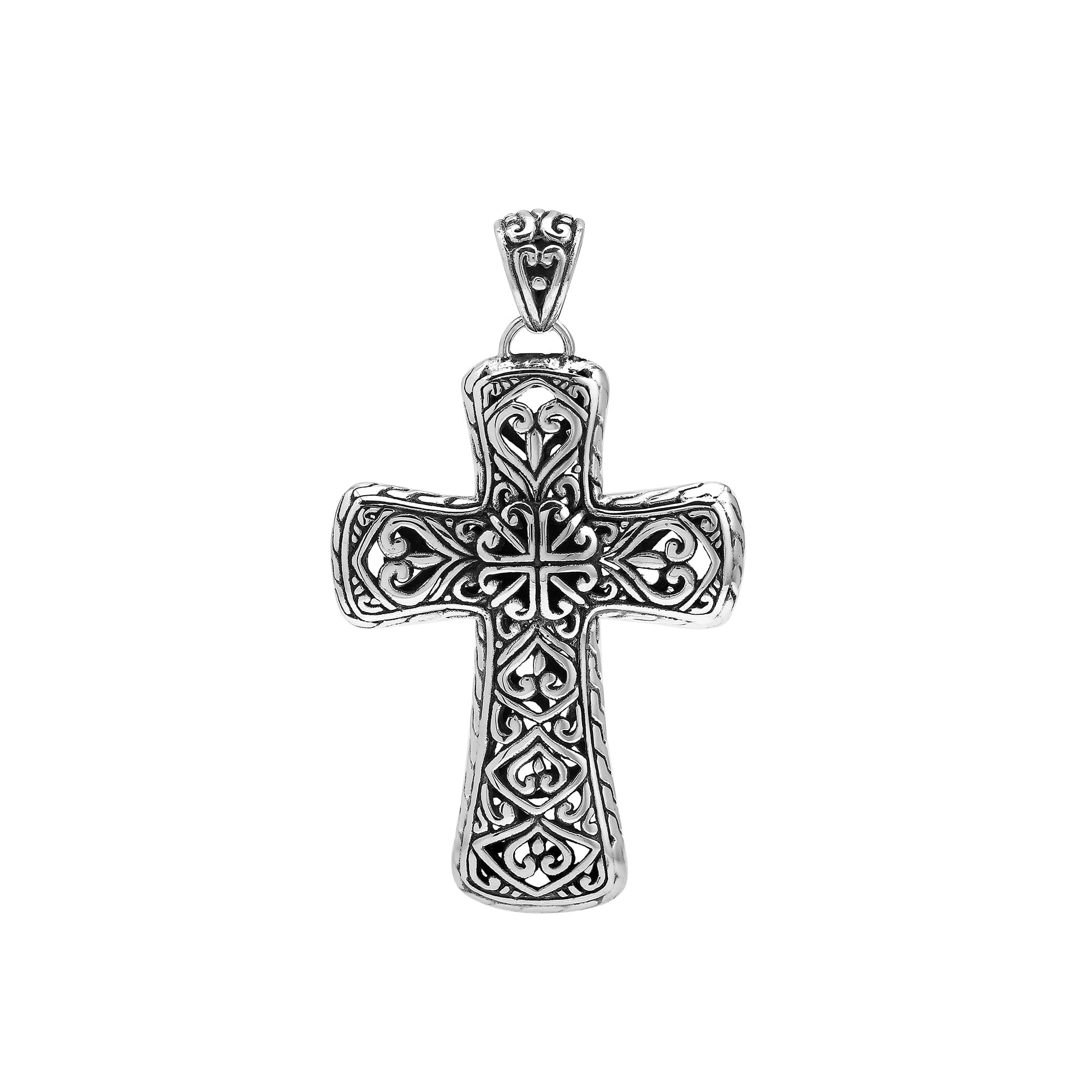 Sterling silver ornate cross pendant with intricate Balinese scrollwork, handcrafted in Bali – wholesale artisan jewelry supplier.