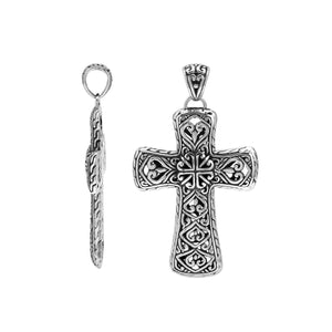 Sterling silver ornate cross pendant with intricate Balinese scrollwork, handcrafted in Bali – wholesale artisan jewelry supplier.