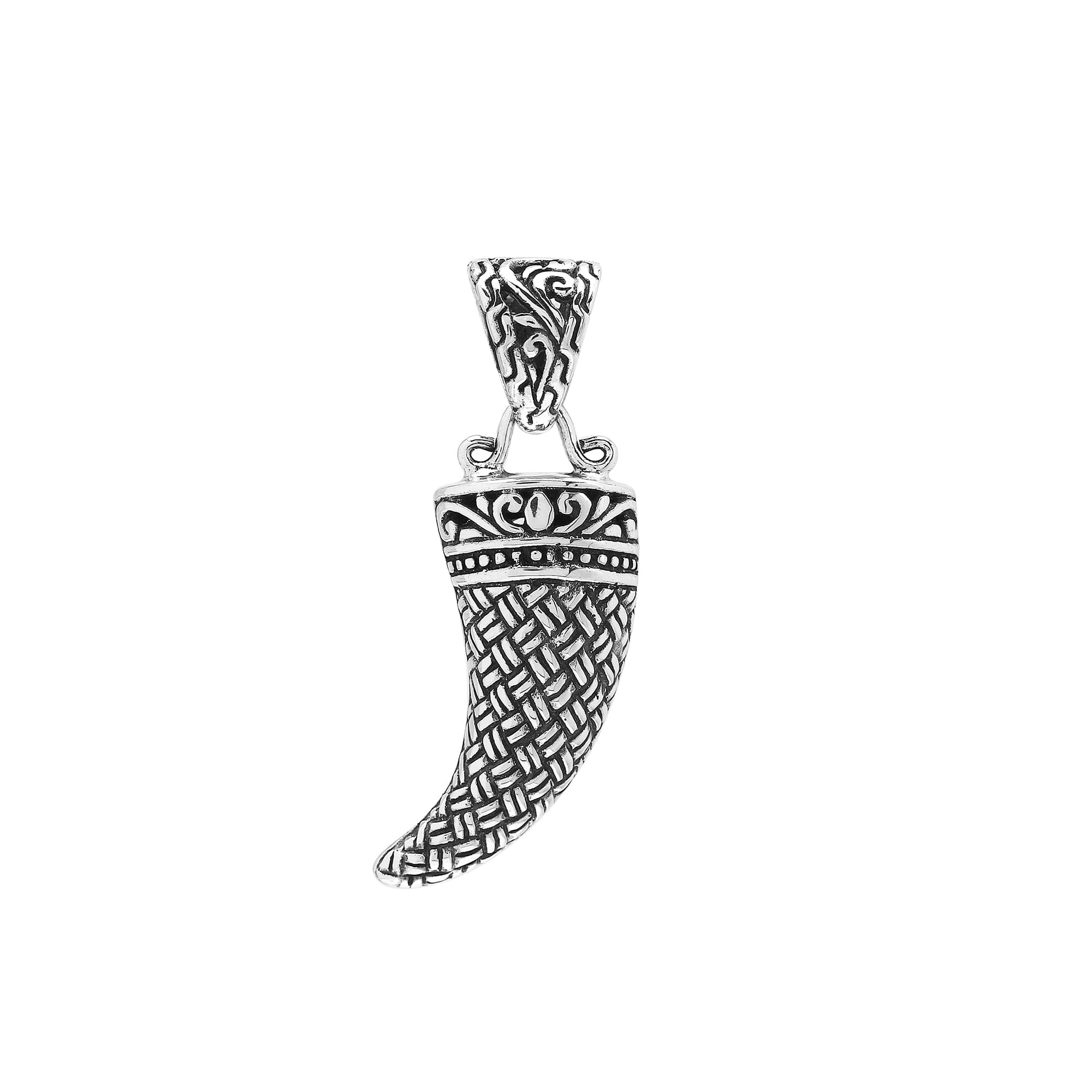 Sterling silver tribal tooth pendant with intricate Balinese engravings, handcrafted men’s jewelry from Bali – wholesale supplier.