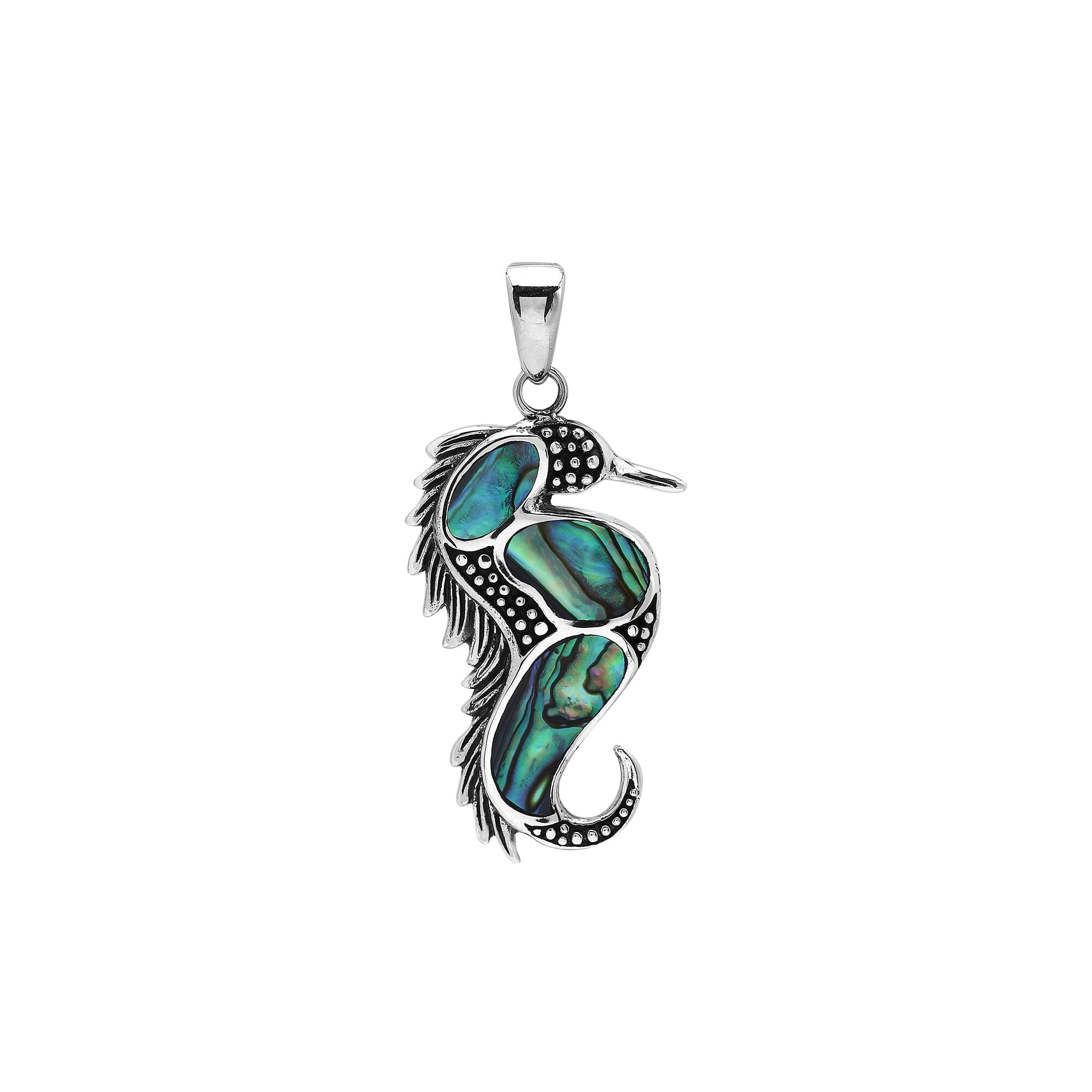 Wholesale sterling silver seahorse pendant with genuine abalone shell inlay, handcrafted in Bali – ocean-inspired artisan jewelry for bulk buyers.