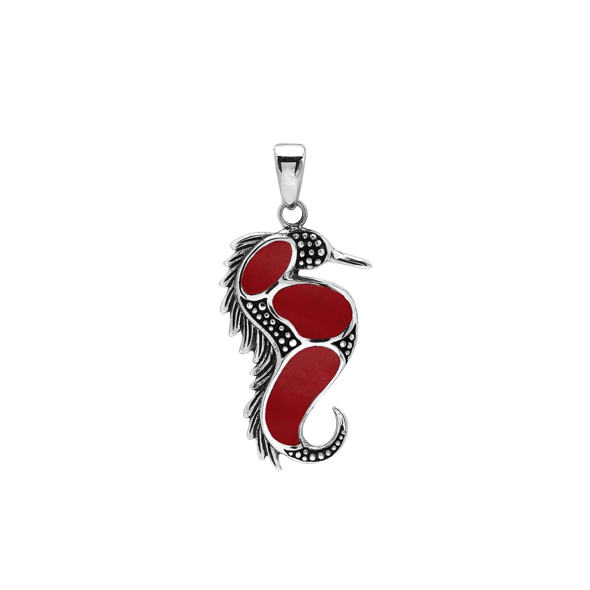 Wholesale sterling silver seahorse pendant with genuine red coral inlay, handcrafted in Bali – artisan ocean-inspired jewelry for bulk buyers.