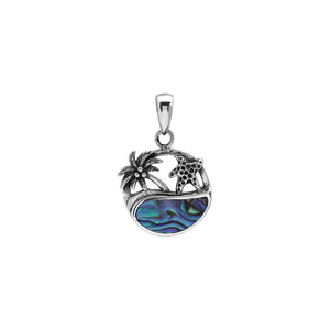 Wholesale sterling silver pendant with palm tree and starfish design, abalone shell inlay, handcrafted Bali jewelry for resellers