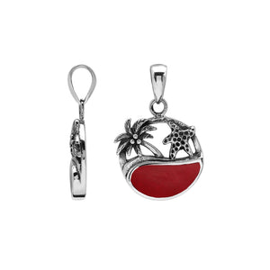 Sterling silver pendant with red coral inlay, palm tree and starfish design – handcrafted in Bali for wholesale.