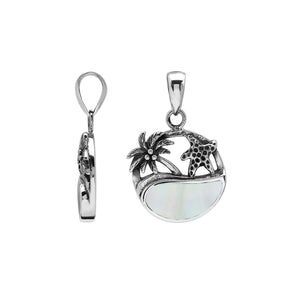 Sterling silver pendant with Mother of Pearl inlay, palm tree and starfish design – handcrafted in Bali for wholesale.