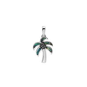 Sterling silver palm tree pendant with abalone shell inlay, handcrafted Bali jewelry for wholesale buyers.