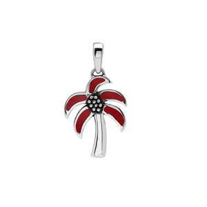 Sterling silver palm tree pendant with red coral inlay, handmade in Bali for wholesale jewelry collections.