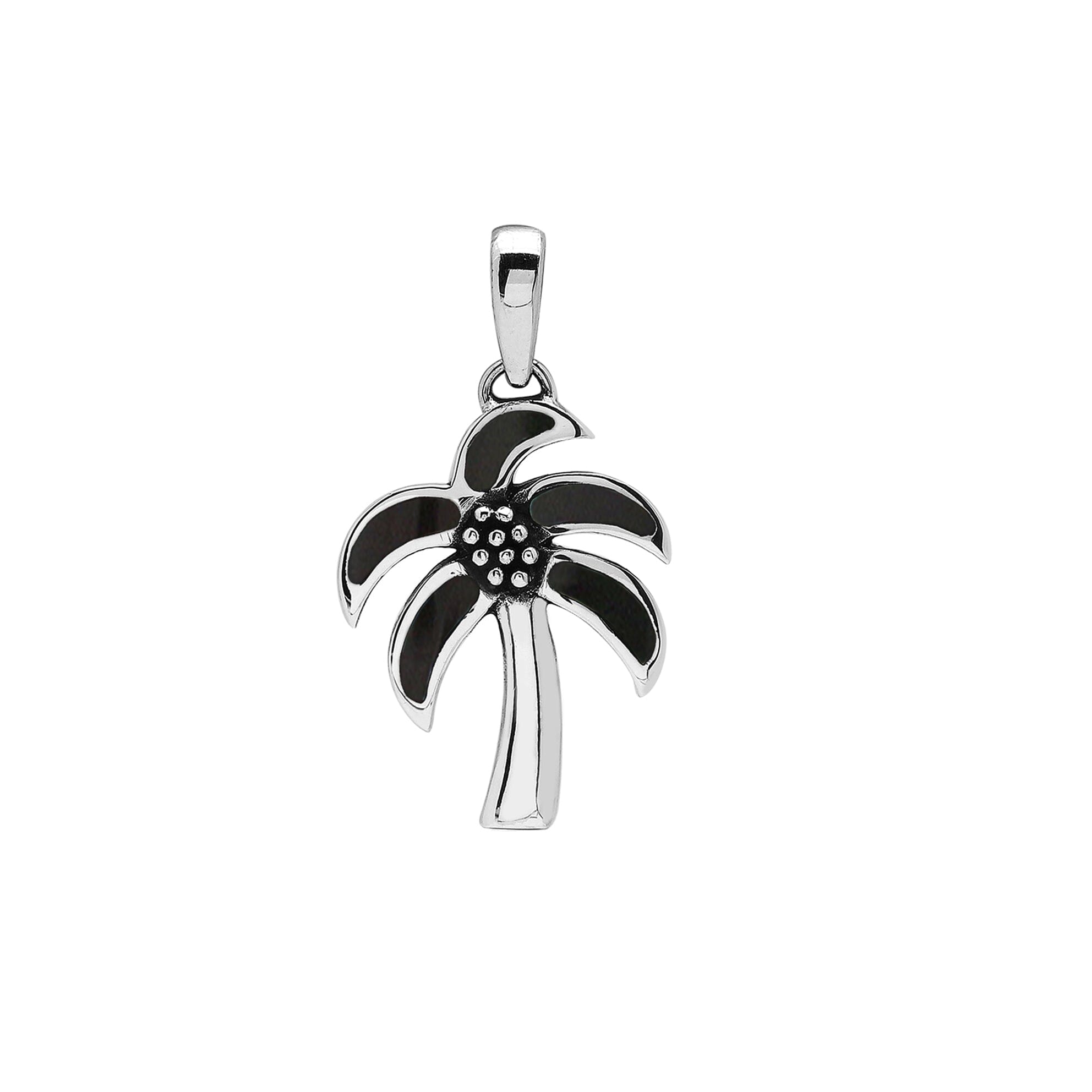 Sterling silver palm tree pendant with black shell inlay, handmade in Bali for wholesale jewelry buyers.
