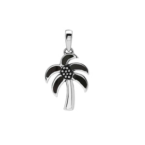 Sterling silver palm tree pendant with black shell inlay, handmade in Bali for wholesale jewelry buyers.