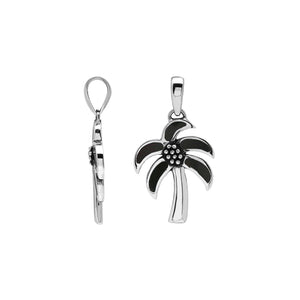 Sterling silver palm tree pendant with black shell inlay, handmade in Bali for wholesale jewelry buyers.