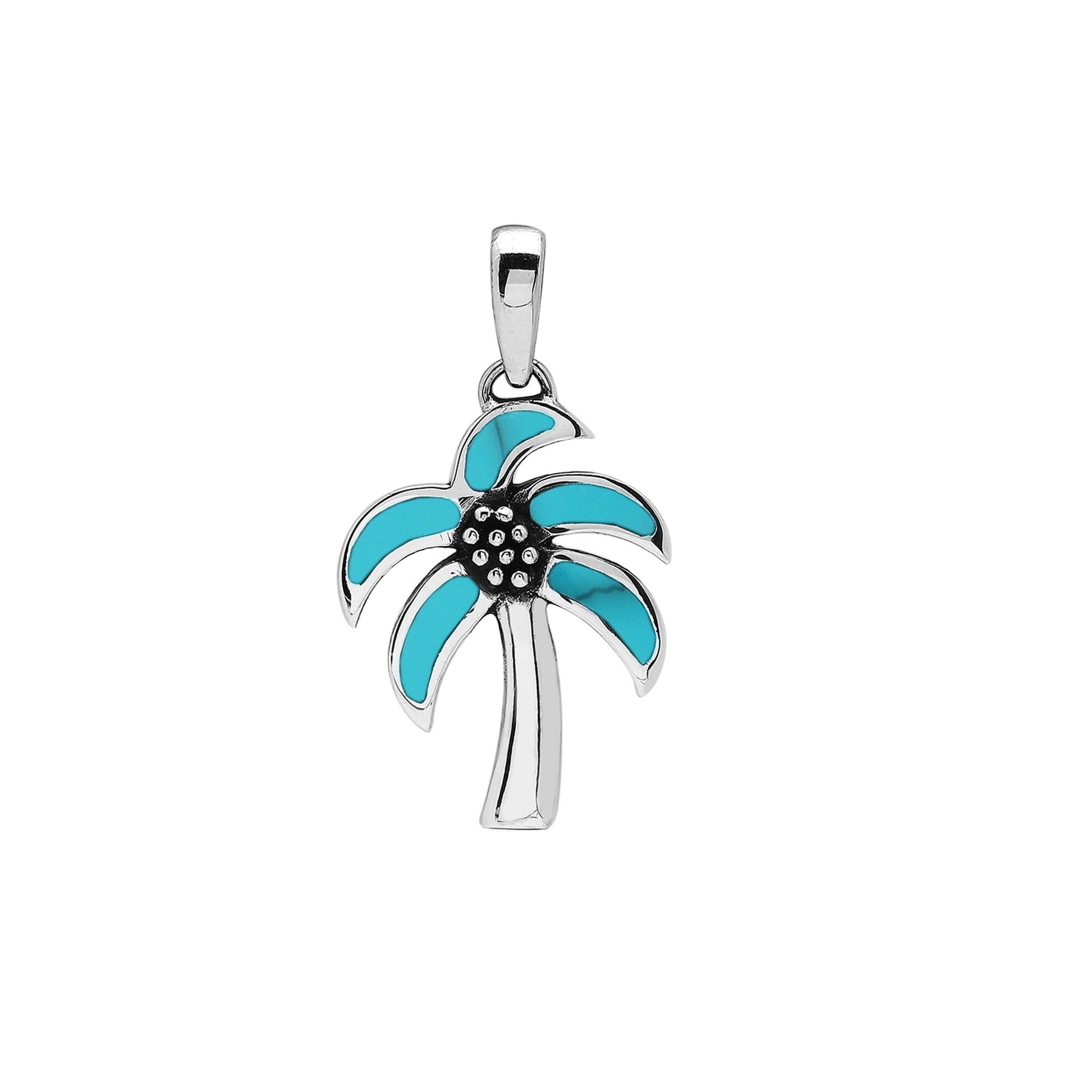Sterling silver palm tree pendant with turquoise inlay, handmade in Bali for wholesale jewelry buyers.