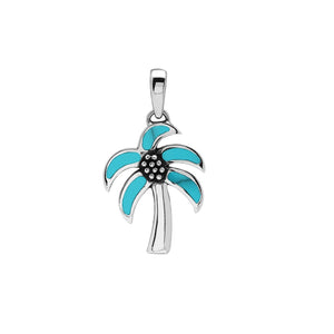 Sterling silver palm tree pendant with turquoise inlay, handmade in Bali for wholesale jewelry buyers.
