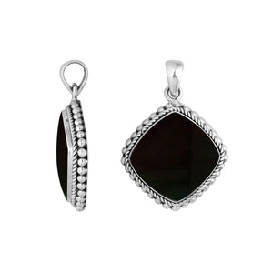 925 sterling silver pendant with black shell cushion shape and rope beaded border handcrafted in Bali
