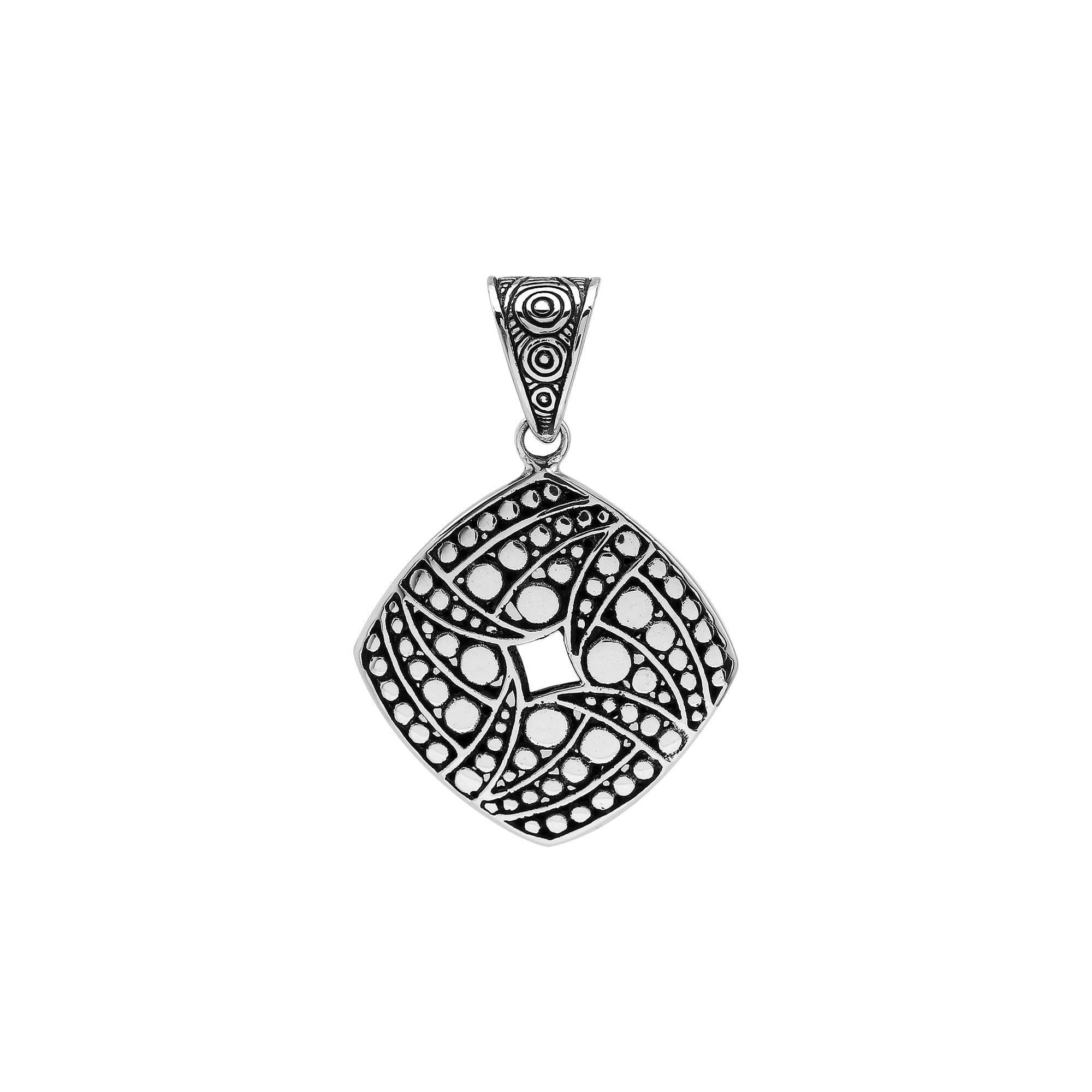 Sterling silver diamond-shaped pendant featuring circular dot engravings, geometric Balinese detailing, and polished oxidized finish.