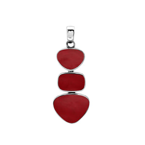 Sterling silver triple-shape pendant featuring Red Coral stones with smooth polished surface and elegant Balinese craftsmanship.