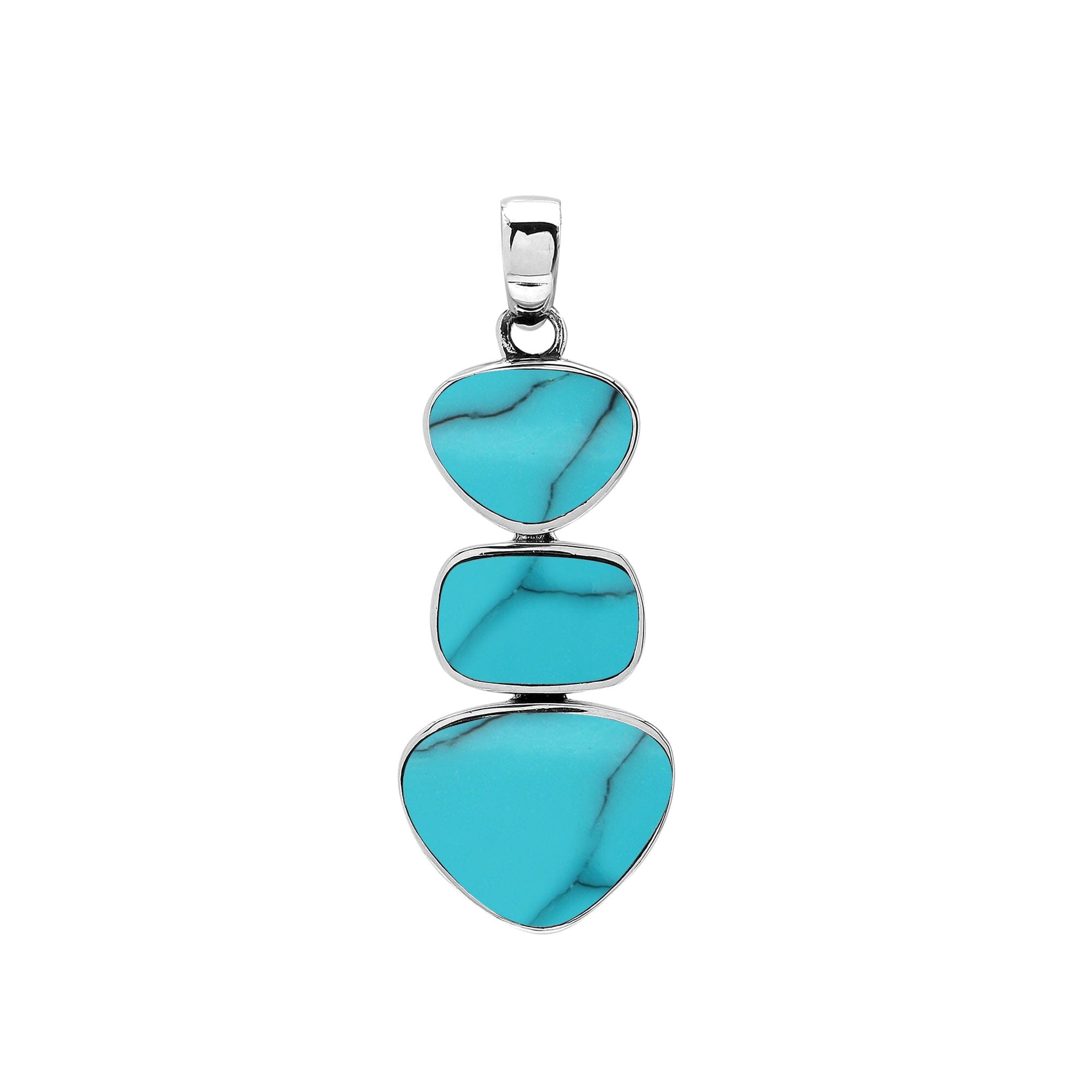 Sterling silver triple-shape pendant featuring turquoise shell stones with mirror-polished finish and detailed Balinese craftsmanship.