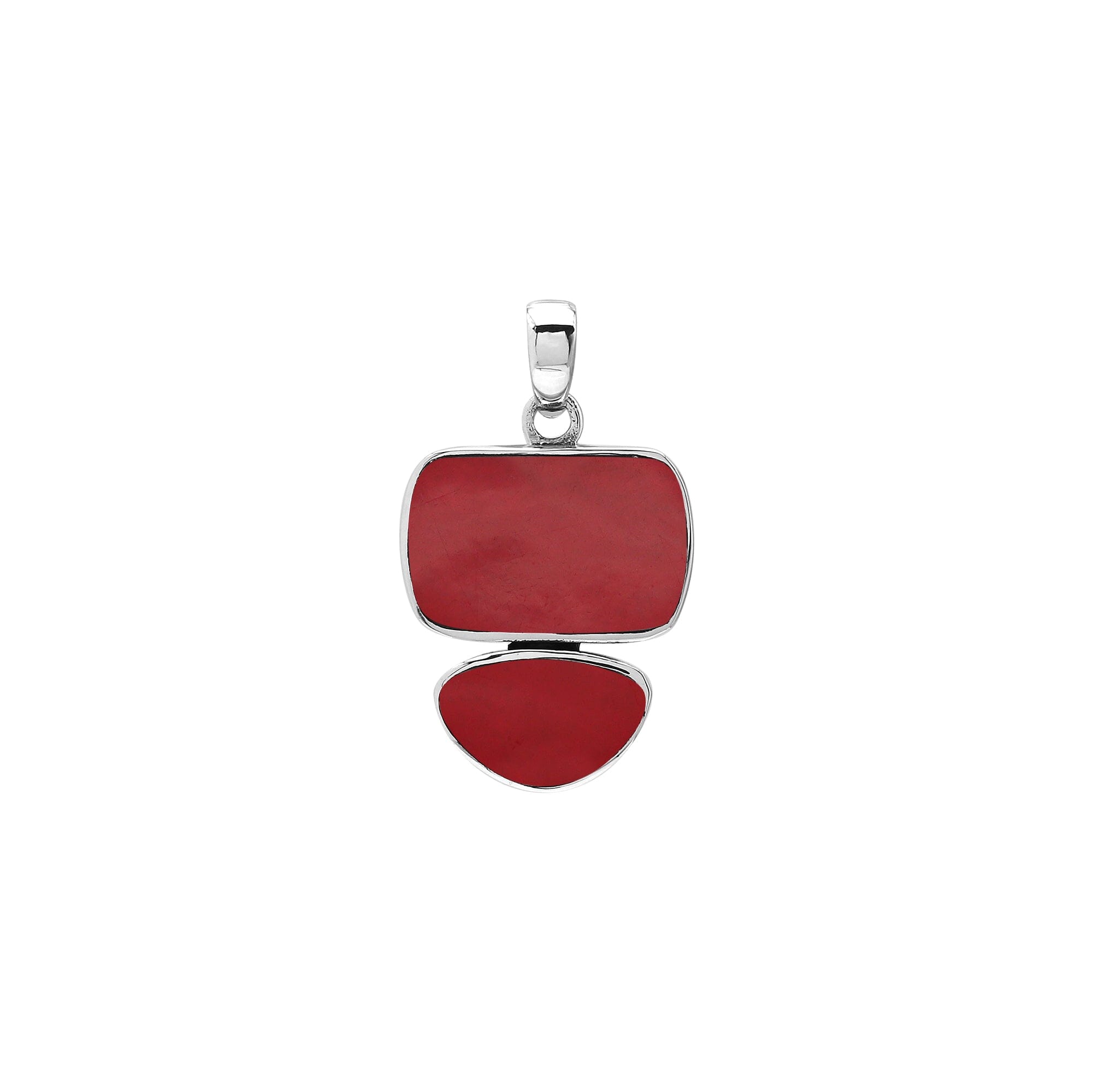 Sterling silver double-shape pendant featuring red coral stones with polished surface and intricate Balinese craftsmanship.