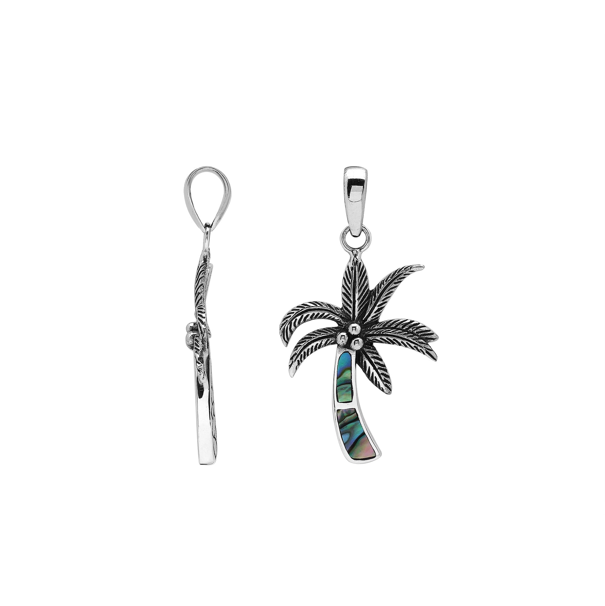 Sterling silver palm tree pendant with abalone shell inlay and Balinese-inspired detailing featuring a polished finish.