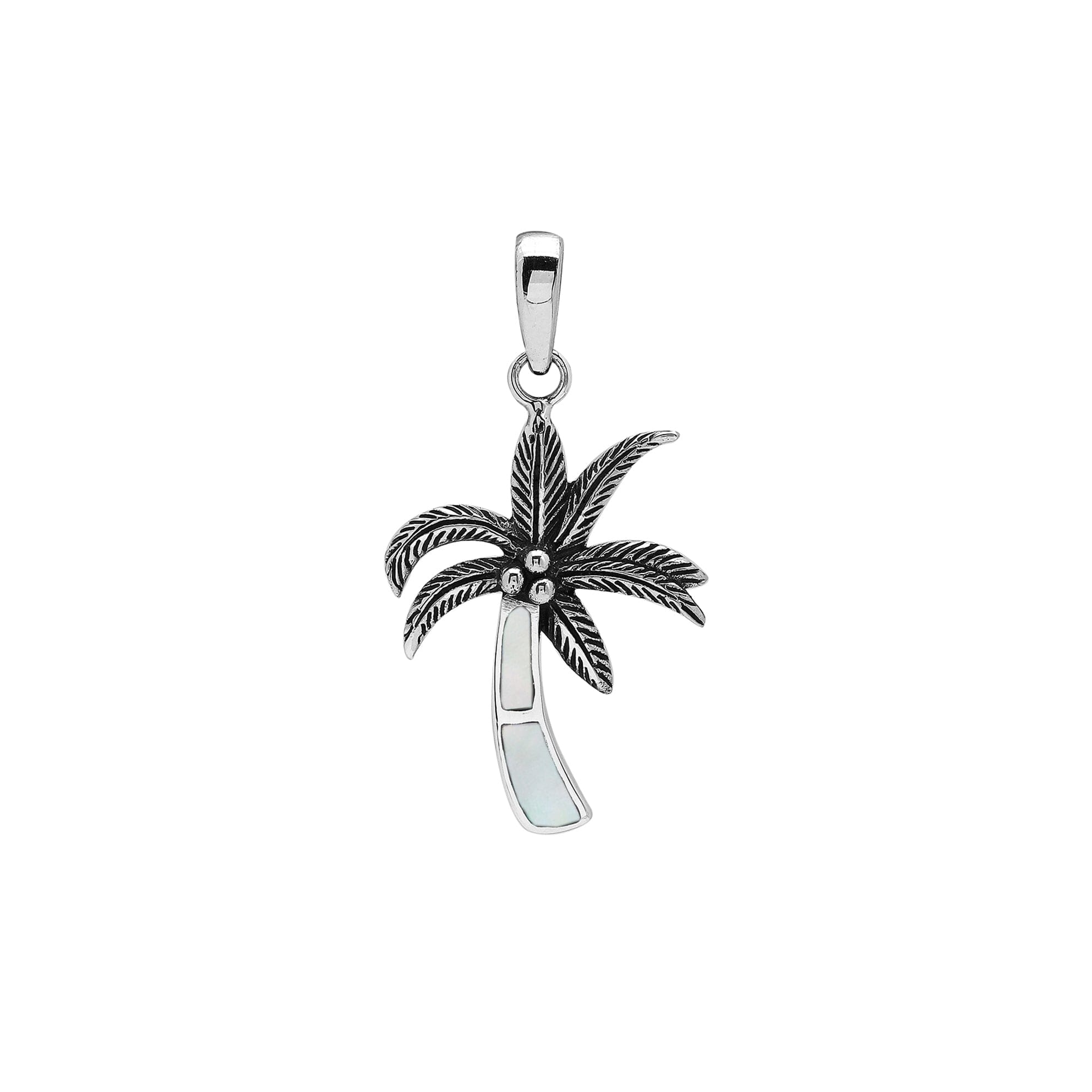 Sterling silver palm tree pendant with mother of pearl inlay and traditional Balinese craftsmanship featuring a polished finish.
