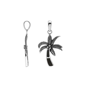 Sterling silver palm tree pendant with black shell inlay and traditional Balinese craftsmanship featuring a high-polish finish.