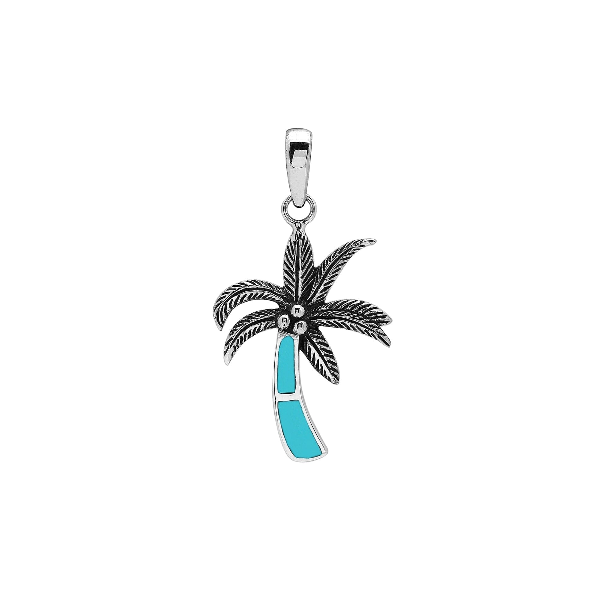 Sterling silver palm tree pendant with turquoise shell inlay and traditional Balinese craftsmanship featuring a polished finish.