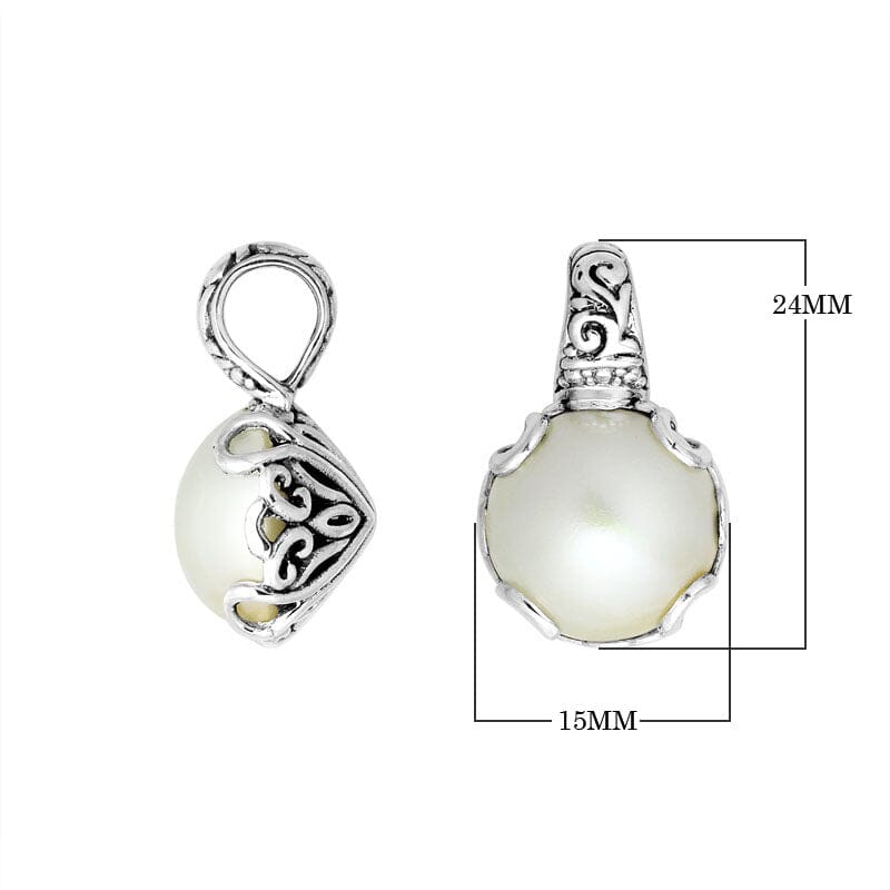 Sterling silver Mabe Pearl pendant with Balinese filigree and polished finish.