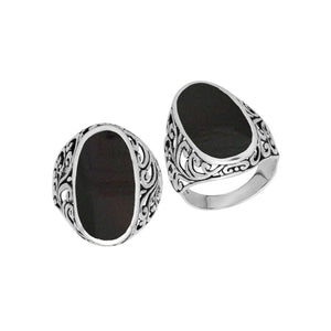 Wholesale sterling silver oval Black Onyx Shell ring with intricate Bali filigree design and oxidized finish, handcrafted artisan jewelry for bulk orders.