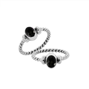 Bulk sterling silver twisted band rings with oval faceted Black Onyx, handcrafted 925 silver wholesale jewelry supply.