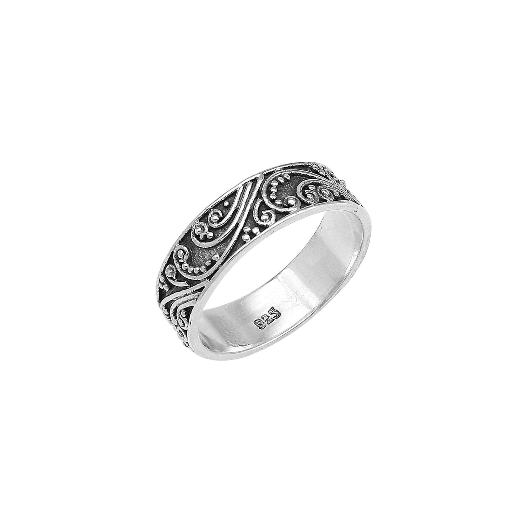 Wholesale sterling silver band ring with swirl and scroll oxidized design, handcrafted unisex 925 silver jewelry from Bali for bulk orders and resellers.
